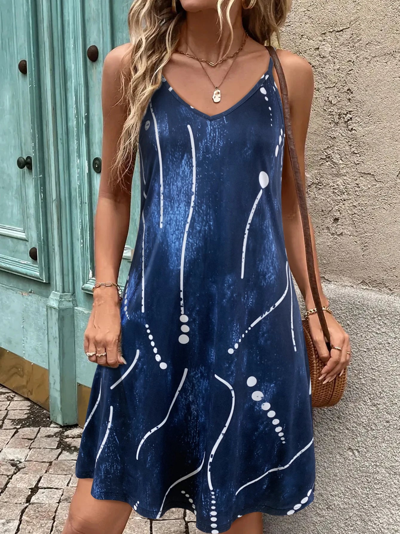 Robe Été Imprimé Abstrait Bleu — Robe Fluide Bretelles Femme Vacances