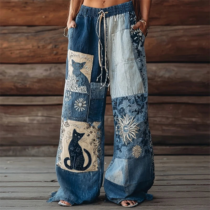 Pantalon Large Femme Imprimé Chat 3D — Coupe Droite Casual Toutes Saisons