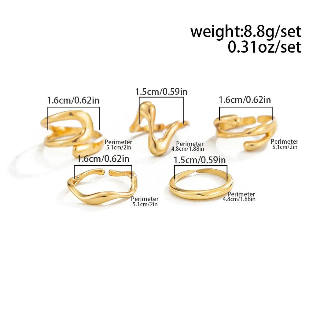 Set 5 Bagues d'Orteil Géométriques Ajustables — Bijou Plage Doré Été