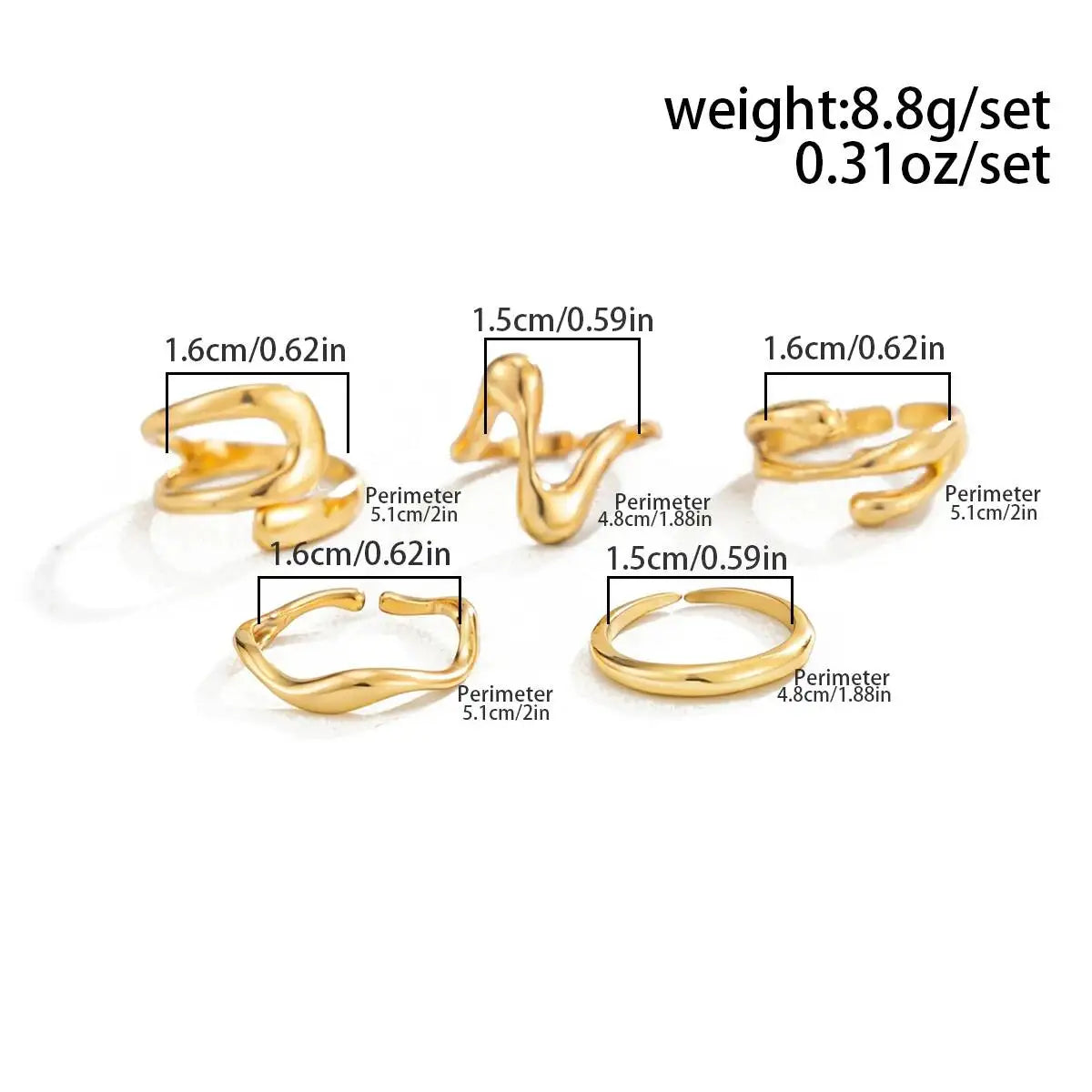 Set 5 Bagues d'Orteil Géométriques Ajustables — Bijou Plage Doré Été