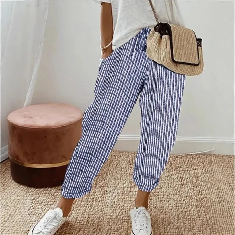 Pantalon Large Rayures Femme – Taille Élastique Casual Style Anglais
