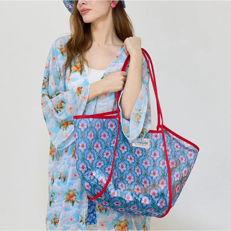 Sac de Plage Mesh Color Block Grande Capacité — Sac Tote Voyage Piscine Femme