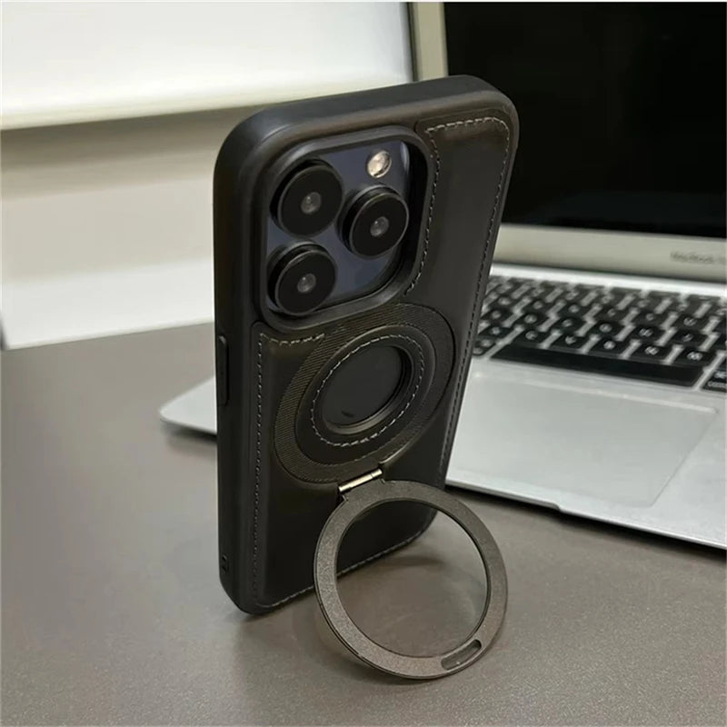 Étui Cuir Luxe MagSafe avec Anneau Magnétique — iPhone 12 à 17 Pro Max, Chargement Sans Fil