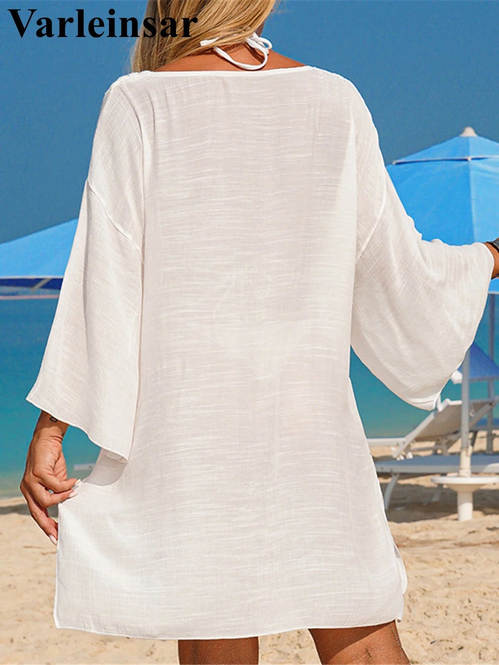 Tunique Cover-Up Crochet Ajourné Col V Manches Longues — Robe Plage Femme