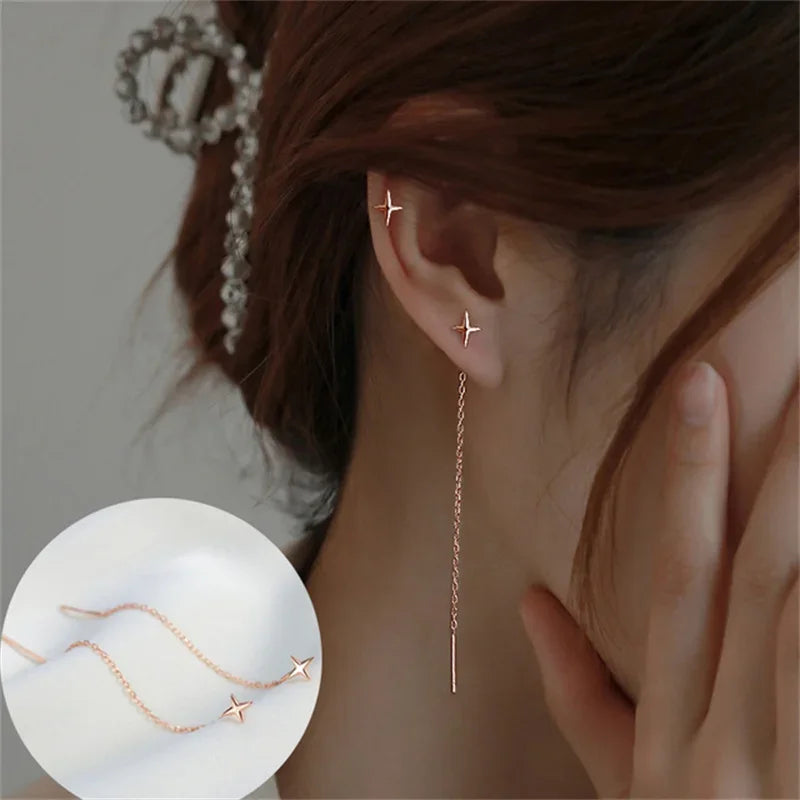 Boucles d'Oreilles Pendantes Zircon Cristal — Ear Line Rose Gold Femme