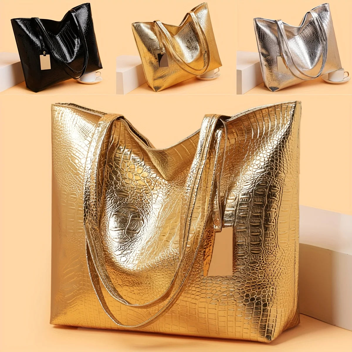 Sac Cabas Vintage Grande Capacité — Tote Bag Finition Métallique Femme Bureau