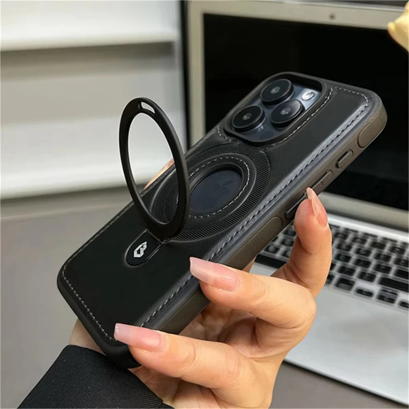 Étui Cuir Luxe MagSafe avec Anneau Magnétique — iPhone 12 à 17 Pro Max, Chargement Sans Fil