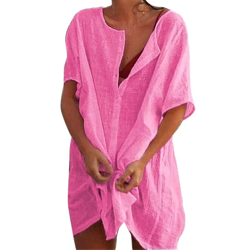 Chemise de Plage Coton Lin Longue — Blouse Cover-Up Casual Femme