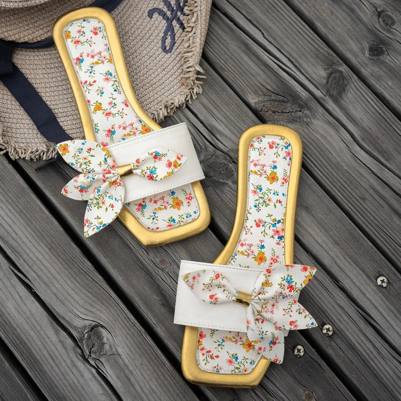 Sandales Plates Nœud Papillon Imprimé Floral Femme 2026 — Style Frais Tendance Été
