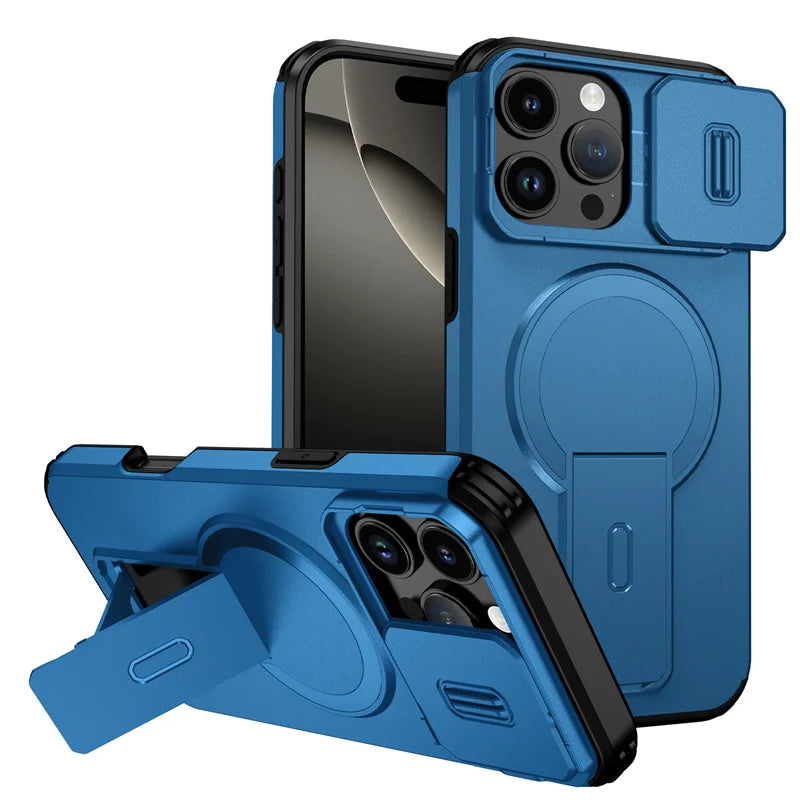 Coque MagSafe iPhone — Protection Objectif Coulissante, Support Intégré, Charge Sans Fil
