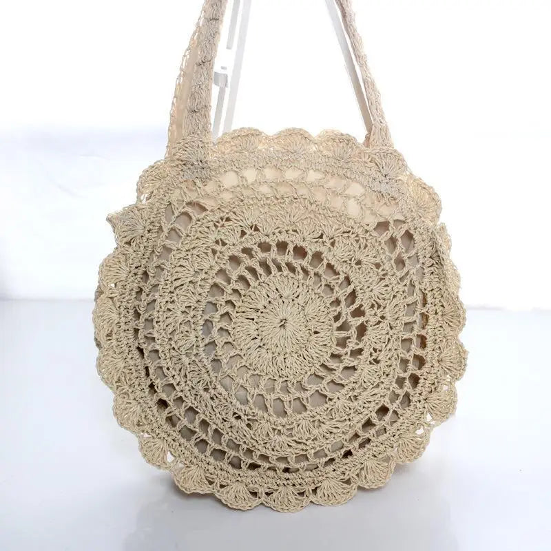 Sac Tote Paille Rond Tressé — Grand Sac de Plage Fait Main Femme Été