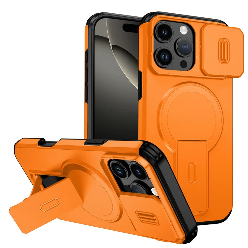 Coque MagSafe iPhone — Protection Objectif Coulissante, Support Intégré, Charge Sans Fil