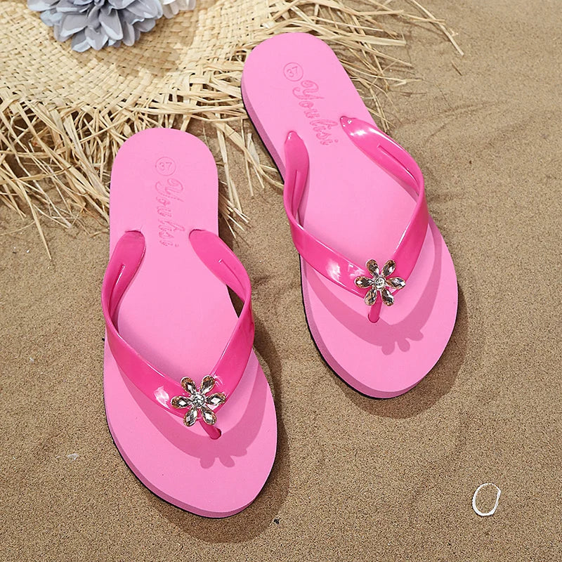 Tongs Fleurs Décor Talon Plat Femme – Chaussons de Plage Légers Grande Taille