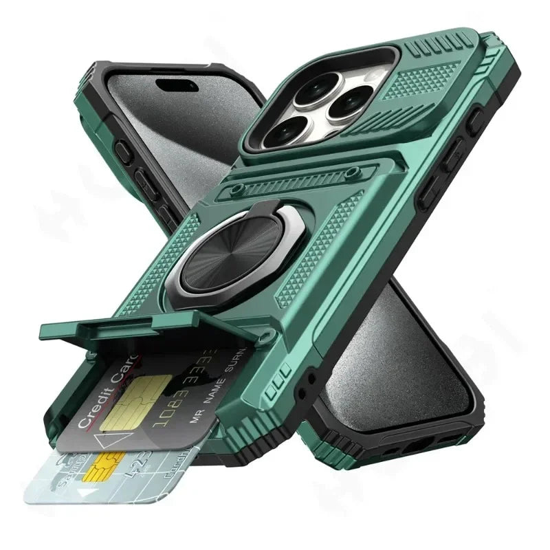 Étui Portefeuille Anneau Magnétique 360° – Compatible iPhone 11 à 16 Pro Max