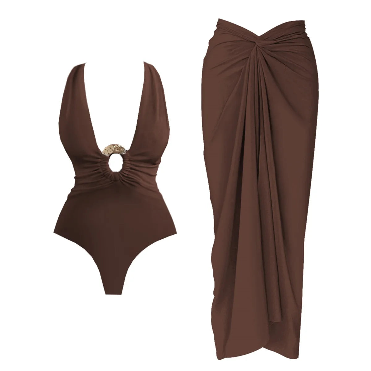 Maillot de Bain Deep V avec Jupe Longue — Ensemble 2 Pièces Femme
