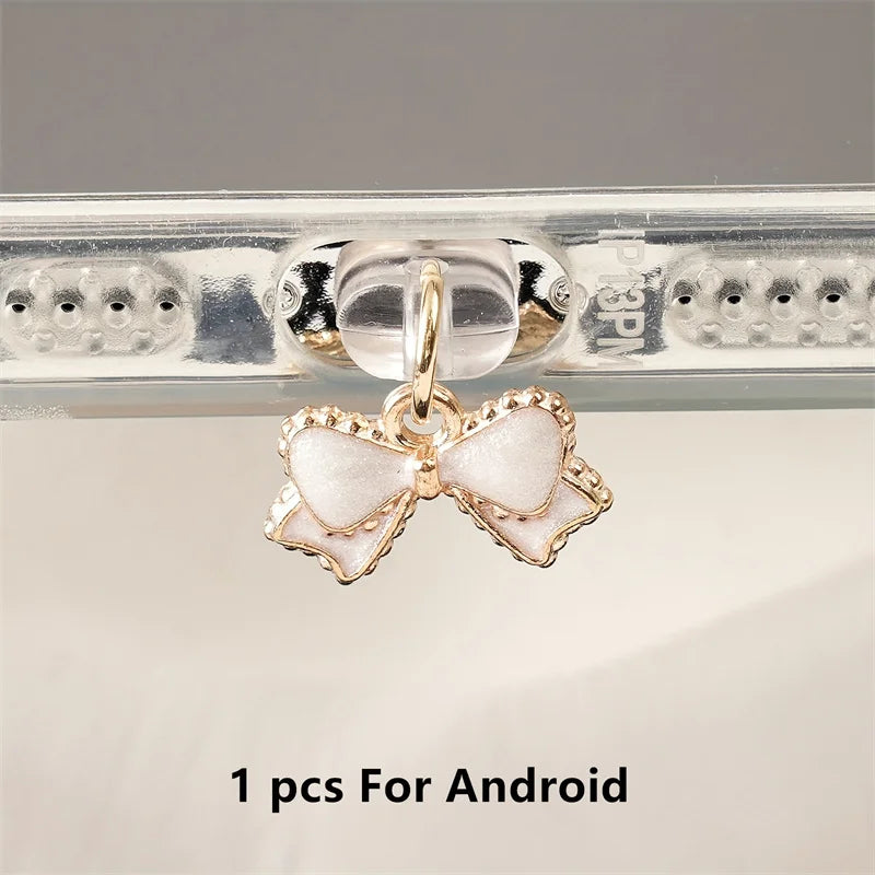 Bouchon Anti-poussière Nœud Papillon Rose & Blanc — Port Lightning, USB-C & Android