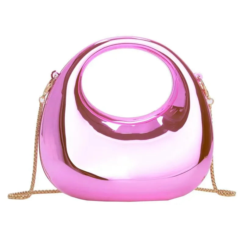 Mini Pochette Demi-Lune Métal Brillant — Clutch Soirée Chaîne Femme Style Diamant