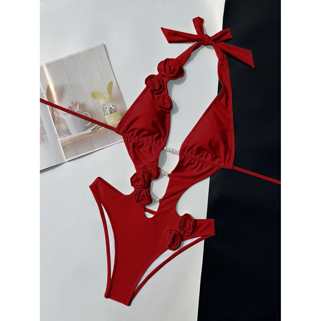 Pink Red Bather Bathing Suit Swim 3D Flower Deep V Neck One Piece Swimsuit Women Swimwear Female High Cut Leg Monokini V6986P