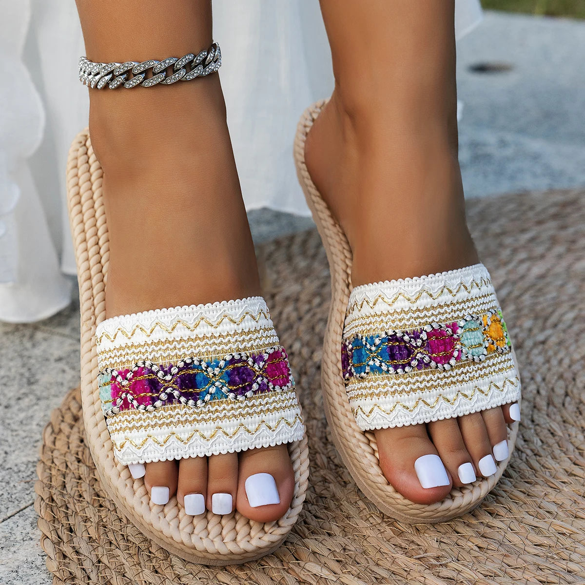 Mules Bohème Femme Été — Sandales À Franges Style Ethnique Plage