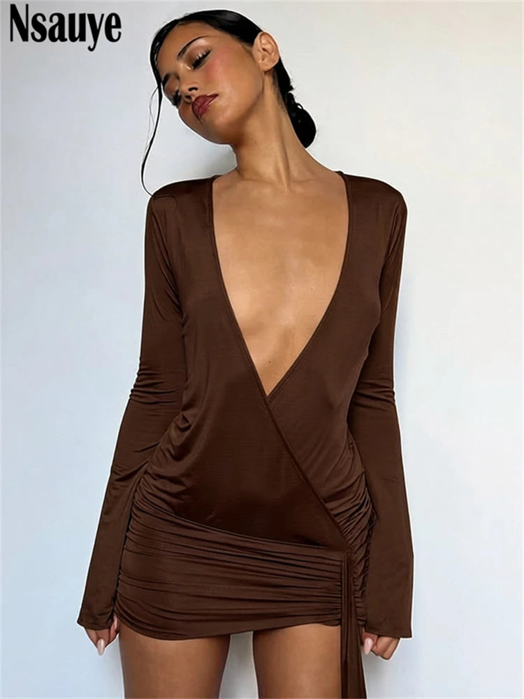 Mini Robe Bodycon Manches Longues Col V Dos Nu — Soirée Club Été Femme