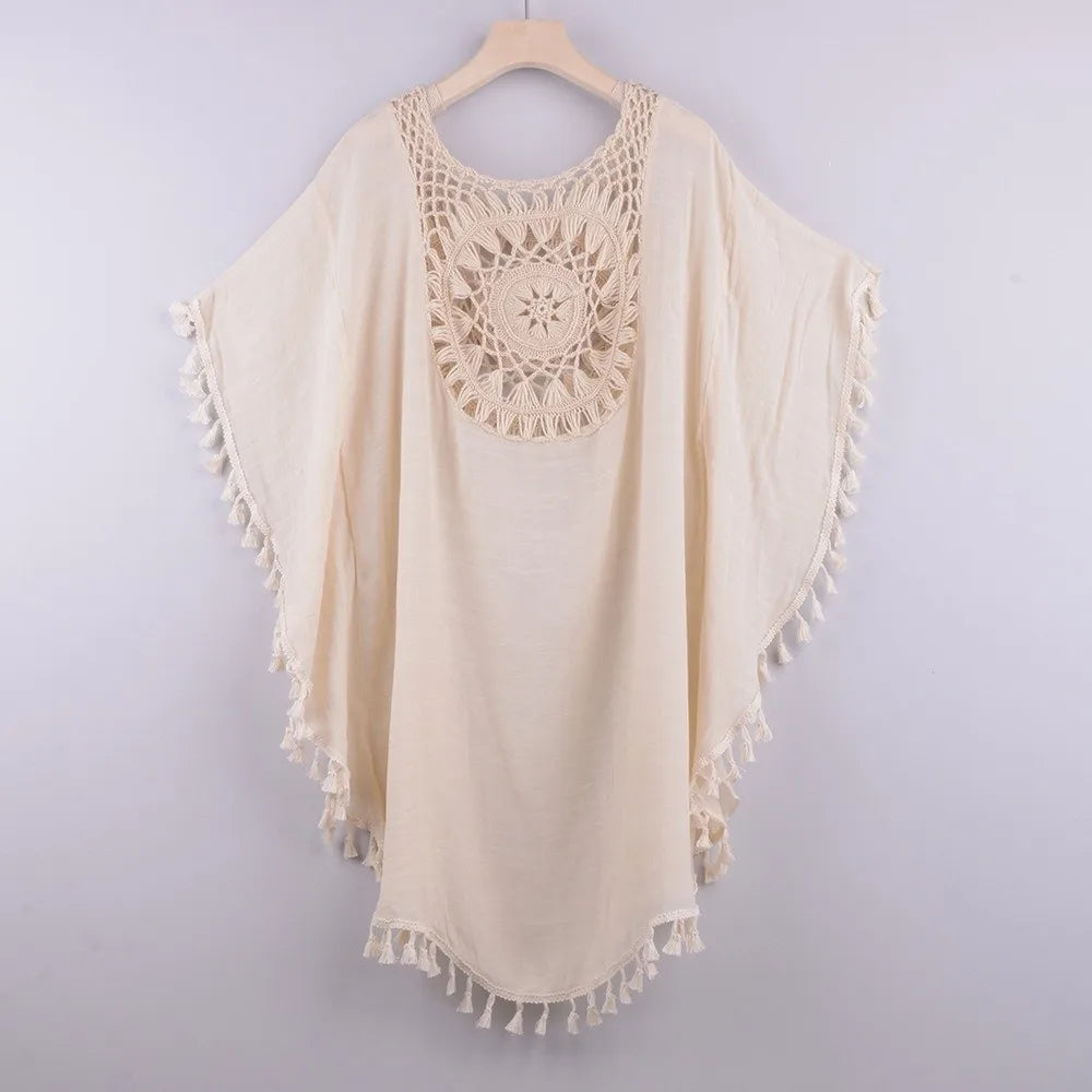 Tunique Cover-Up Plage Tricot Ajourné à Franges — Motif Tournesol Grande Taille Femme