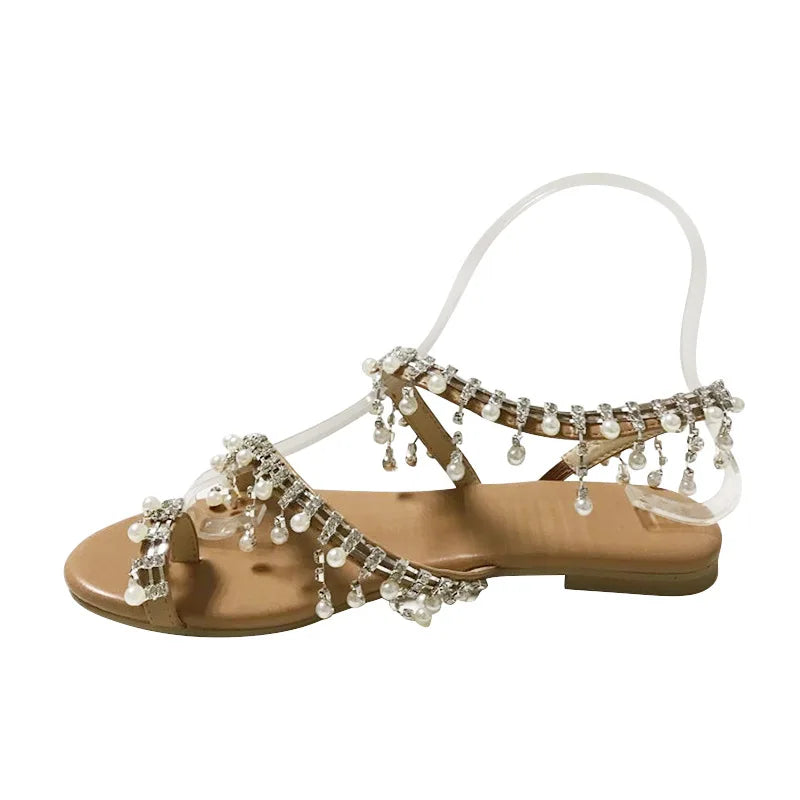 Sandales Perles Femme Été — Bride Cheville Bout Ouvert Style Gladiateur