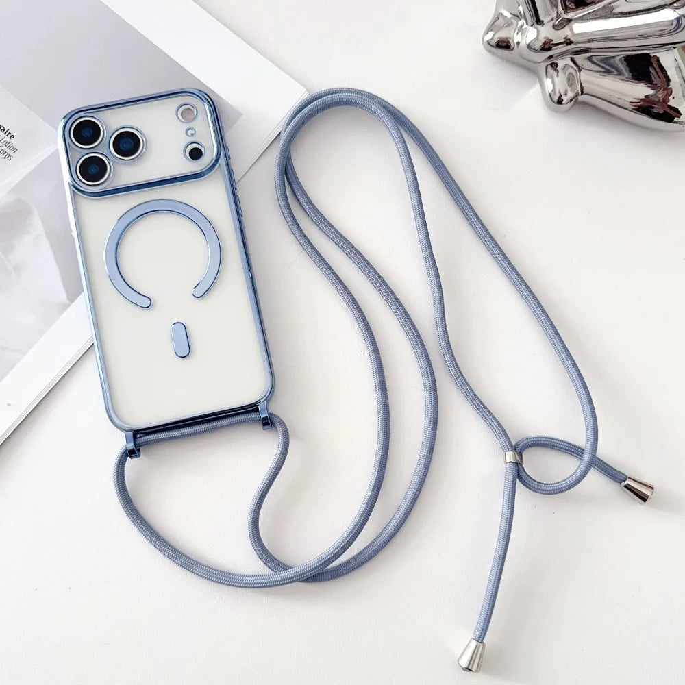 Coque Transparente Magnétique avec Lanière — iPhone 11 à 17 Pro Max, Compatible MagSafe