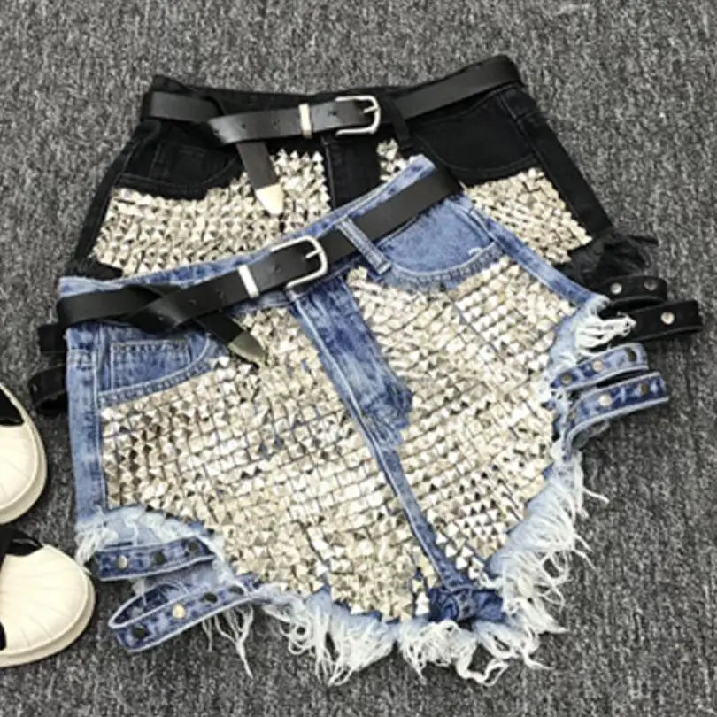 Short Jean Rivets & Franges Femme Taille Haute – Dénim Loose Été