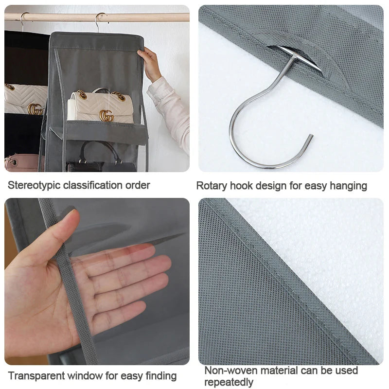 Organiseur Suspendu pour Sacs à Main – 6 ou 8 Pochettes Transparentes, Pliable