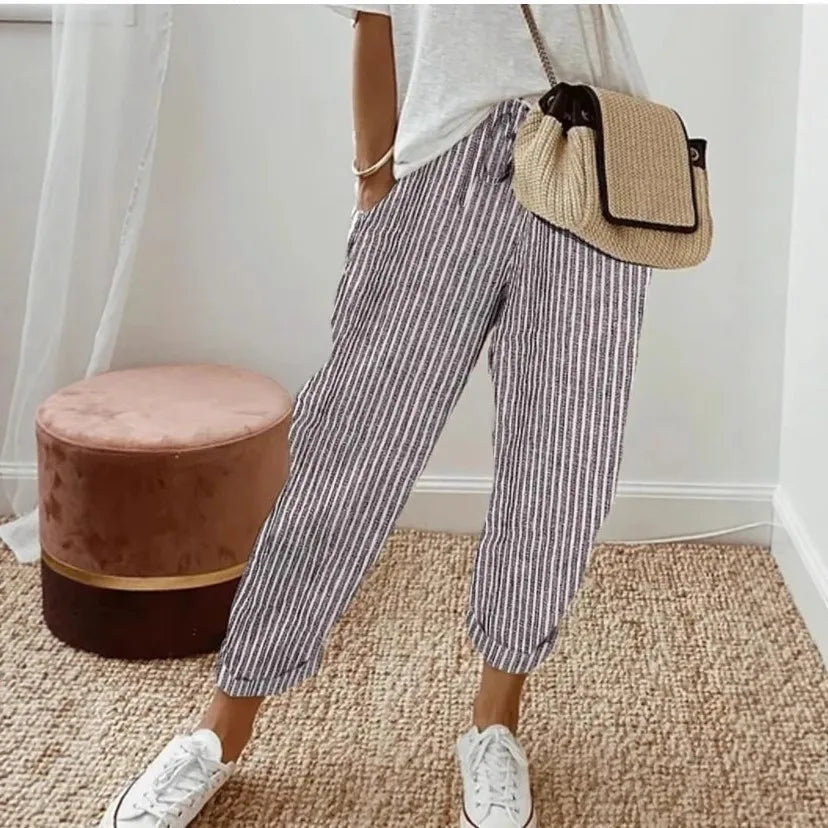 Pantalon Large Rayures Femme – Taille Élastique Casual Style Anglais