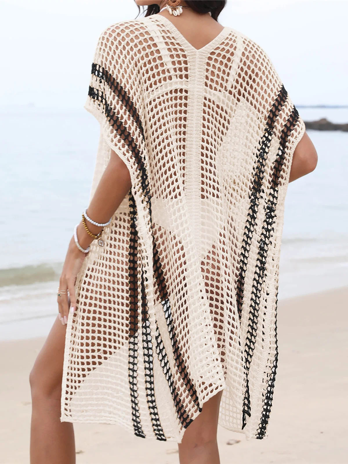 Tunique Cover-Up Crochet Ajourné Manches Courtes — Robe Plage Femme