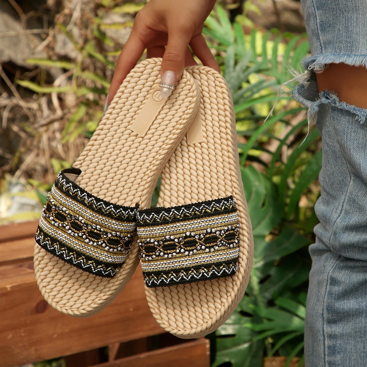 Mules Bohème Femme Été — Sandales À Franges Grande Taille Plage