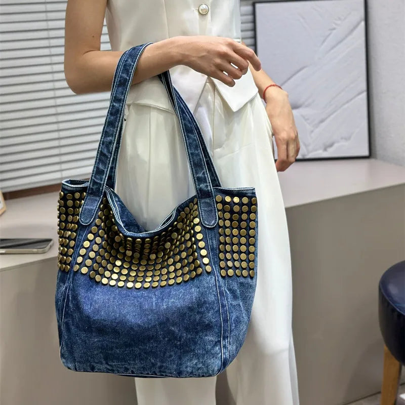 Sac Tote Denim Rivets Punk Grande Capacité — Sac À Main Femme Casual