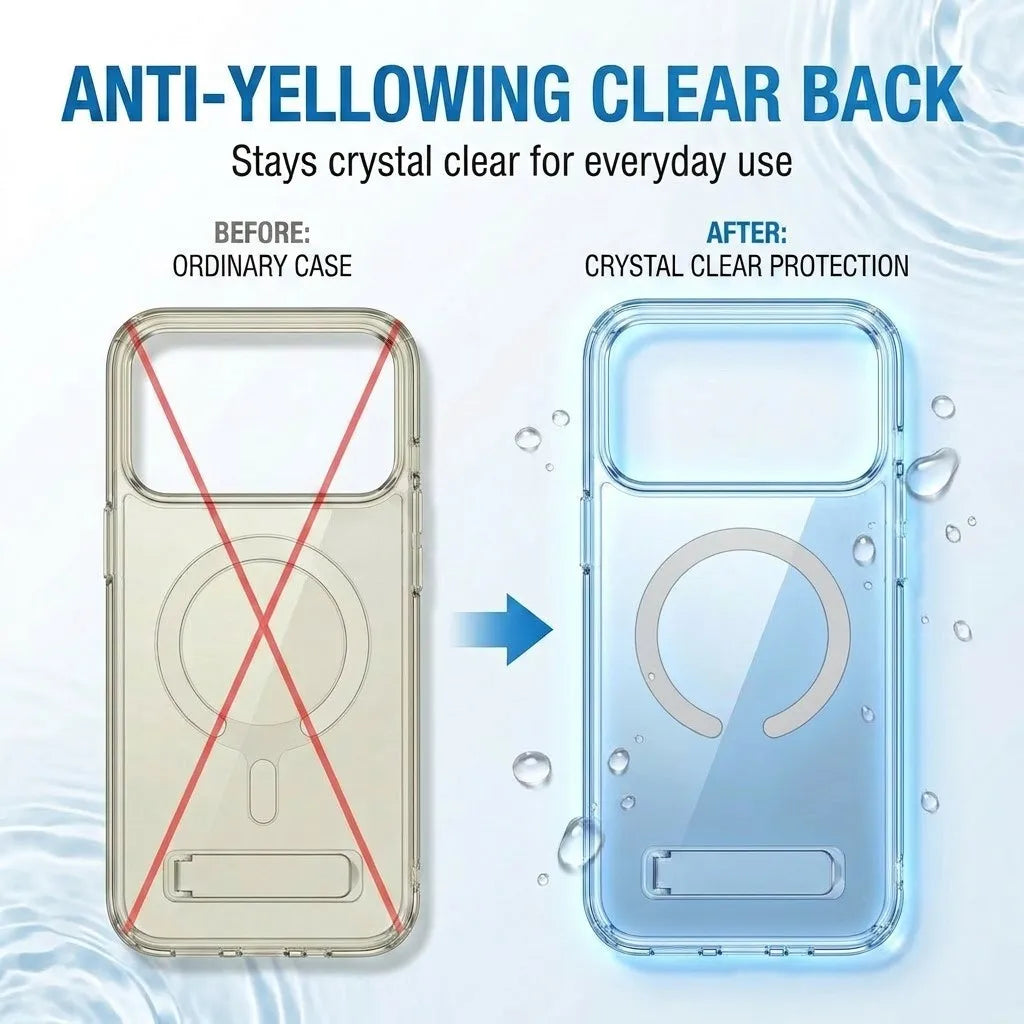 Coque Transparente Magnétique avec Support Pliable — Anti-Jaunissement Slim iPhone 11 à 17 Pro Max