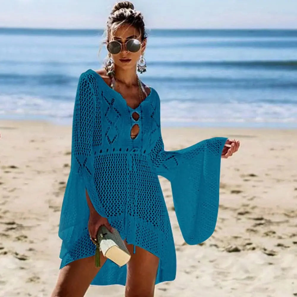 Chemise Cover-Up Plage Tricot Ajourné Col V — Protection Solaire Casual Femme
