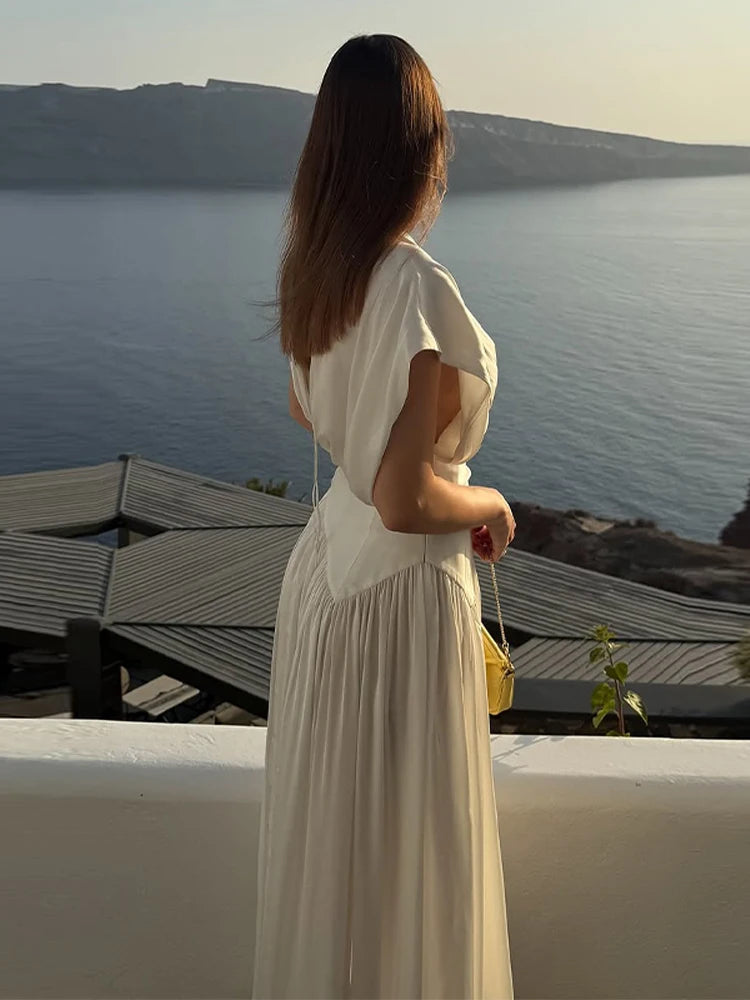 Robe Longue Blanche Col V Fendue Sans Manches — Plissée Élégante Femme