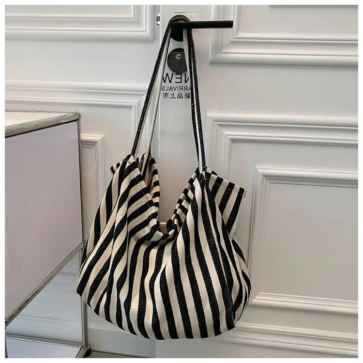 Grand Tote Bag Rayé Style Coréen — Sac Cabas Canvas Grande Capacité Femme