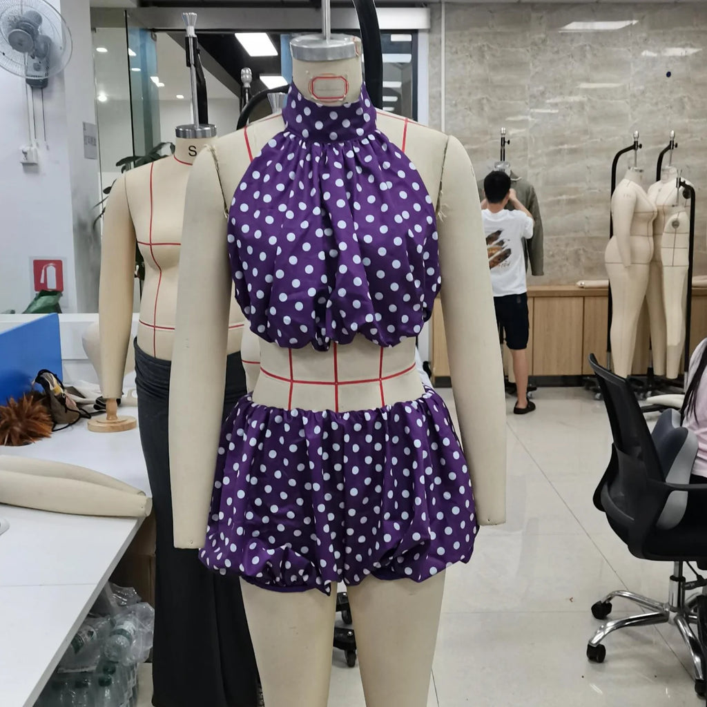 Ensemble 2 Pièces Halter Crop Top & Mini Jupe À Pois — Tenue Été Femme