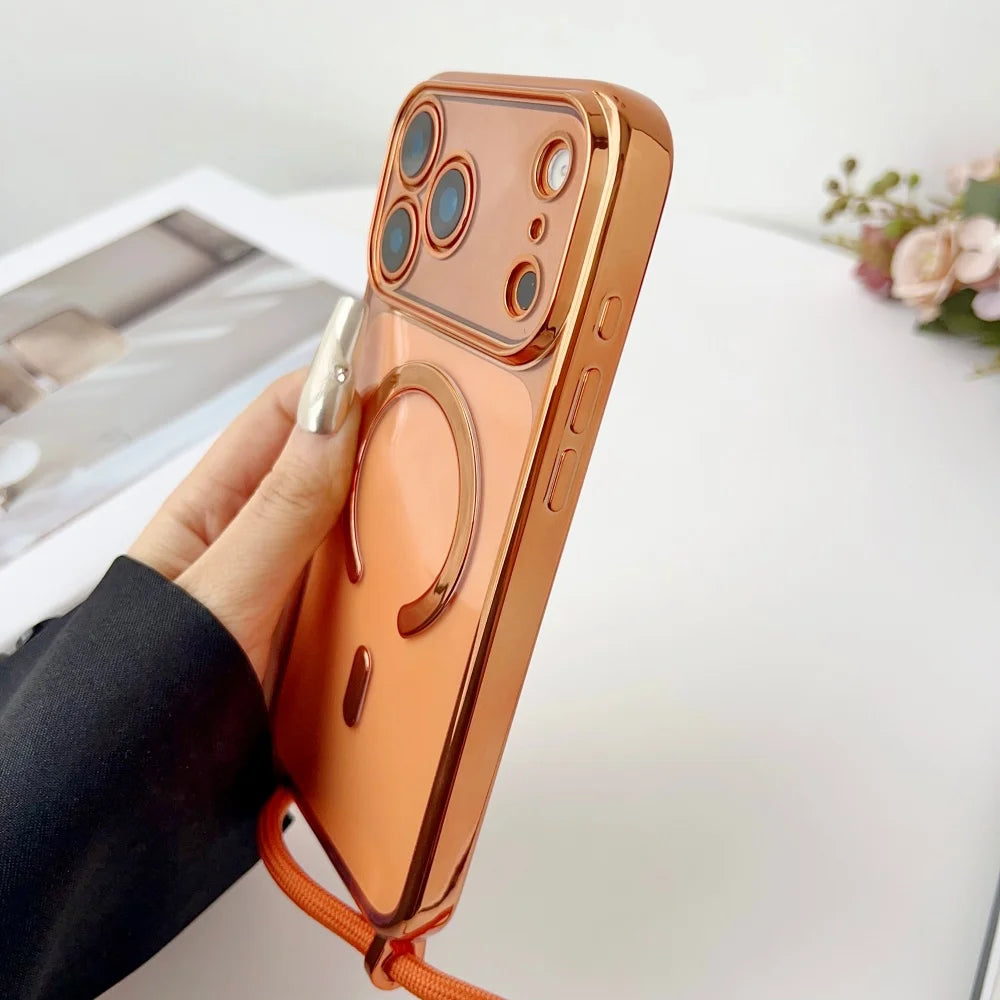 Coque Transparente Magnétique avec Lanière — iPhone 11 à 17 Pro Max, Compatible MagSafe