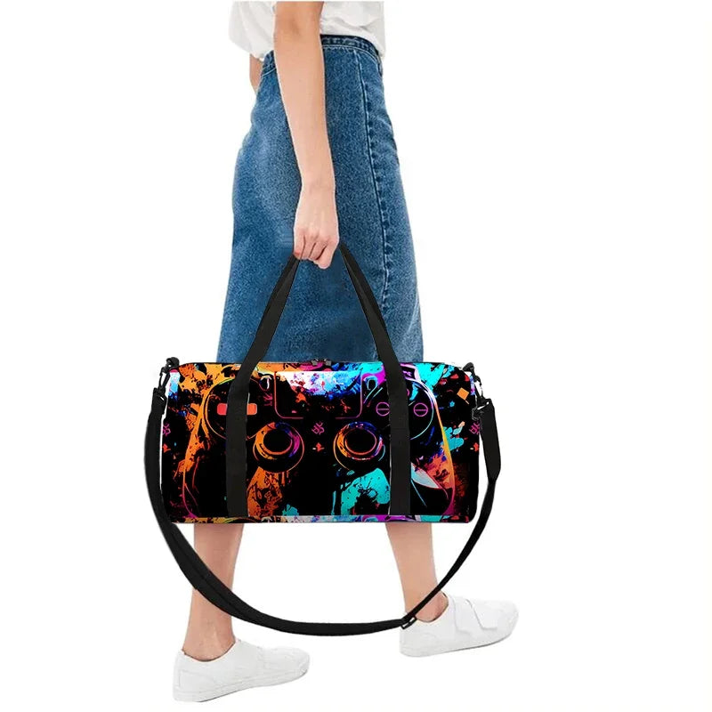 Sac de Voyage Polochon Manette de Jeu Néon — Sac Enfant Grande Capacité 45cm