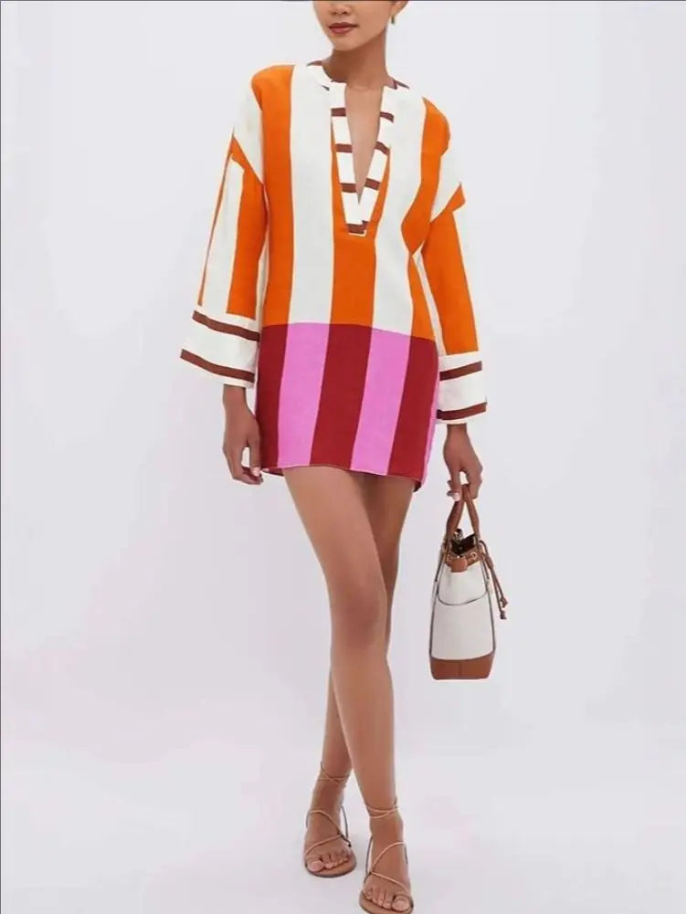 Mini Robe Lin Col V Manches Longues Ajourées — Imprimé Rayé Femme Automne Hiver