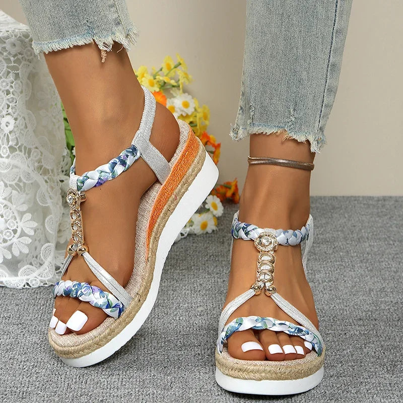 Sandales T-Strap Plateforme Wedge Femme — Talon 6cm Bicolore Or & Argent Été