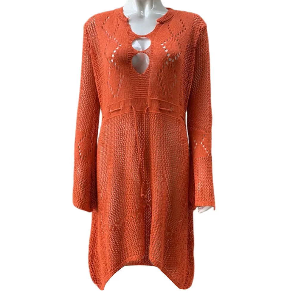 Chemise Cover-Up Plage Tricot Ajourné Col V — Protection Solaire Casual Femme