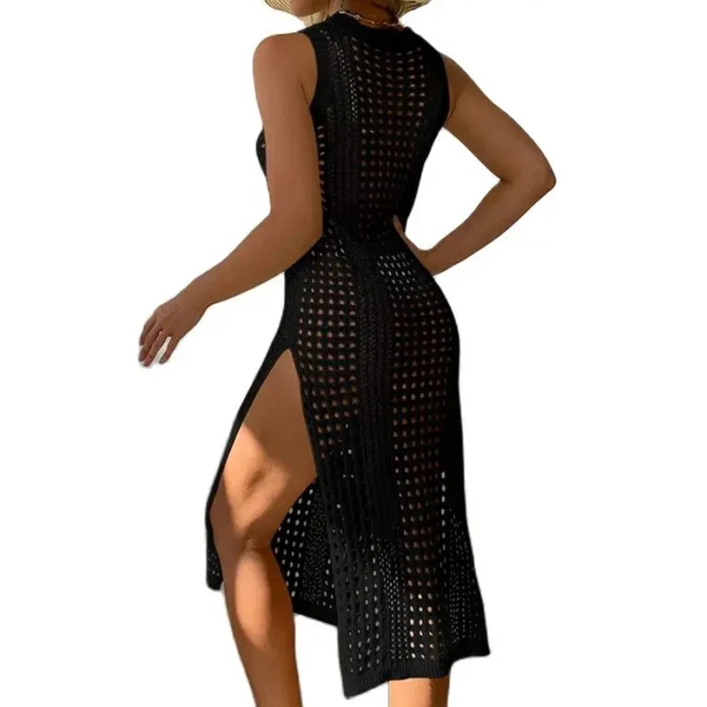 Robe Crochet Cover-Up Fente Latérale — Robe de Plage Sans Manches Femme