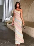 Robe Longue Tricotée Color Block Épaule Dénudée — Robe Corset Fente Femme