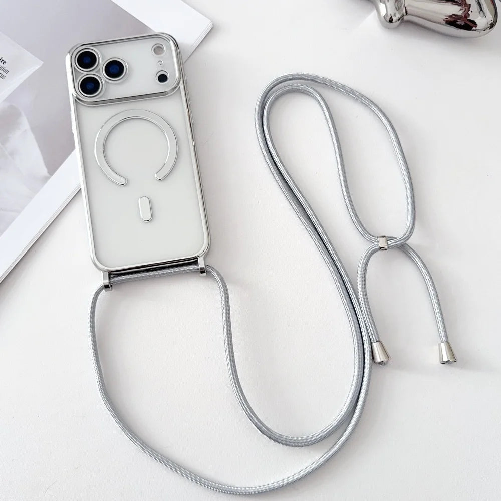 Coque Transparente Magnétique avec Lanière — iPhone 11 à 17 Pro Max, Compatible MagSafe