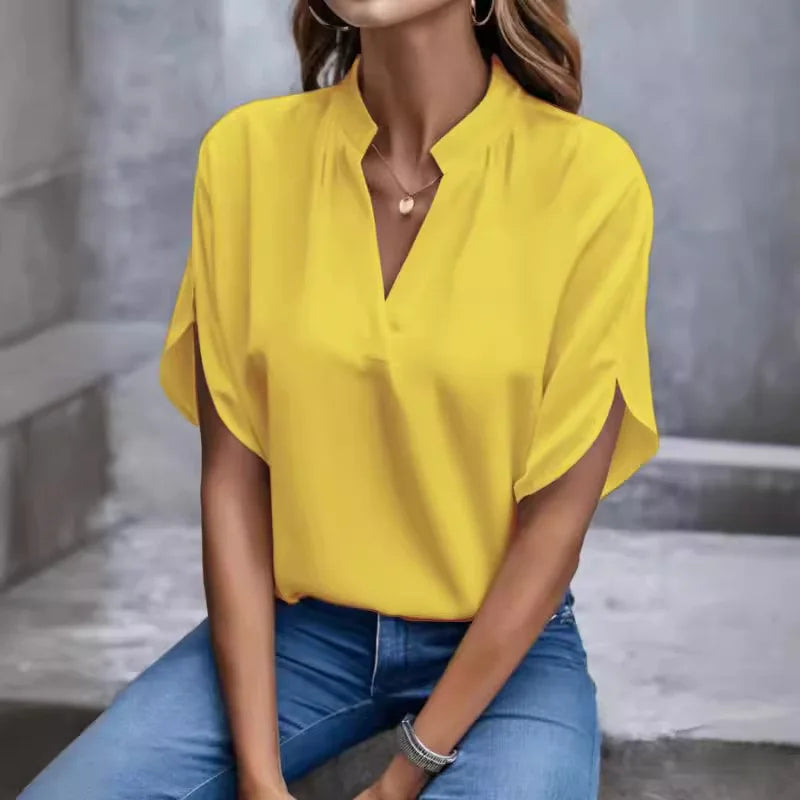 Top Blouse Col V Manches Courtes — Chemisier Casual Femme Grande Taille