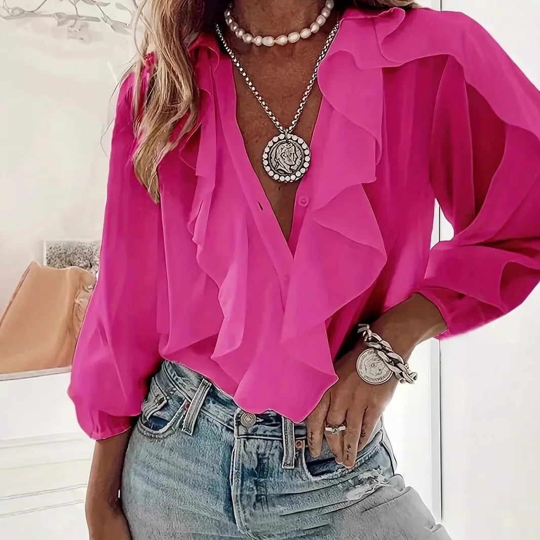 Chemisier Col V Manches Longues À Volants — Blouse Élégante Femme