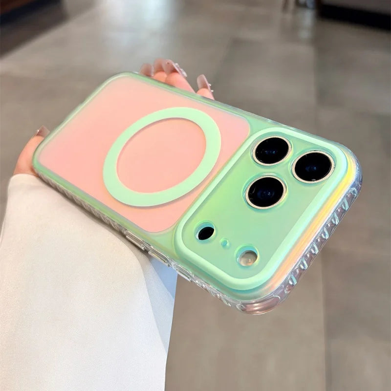 Coque Aurora Laser Gradient MagSafe — iPhone 15 à 17 Pro Max, Candy Color, Chargement Sans Fil
