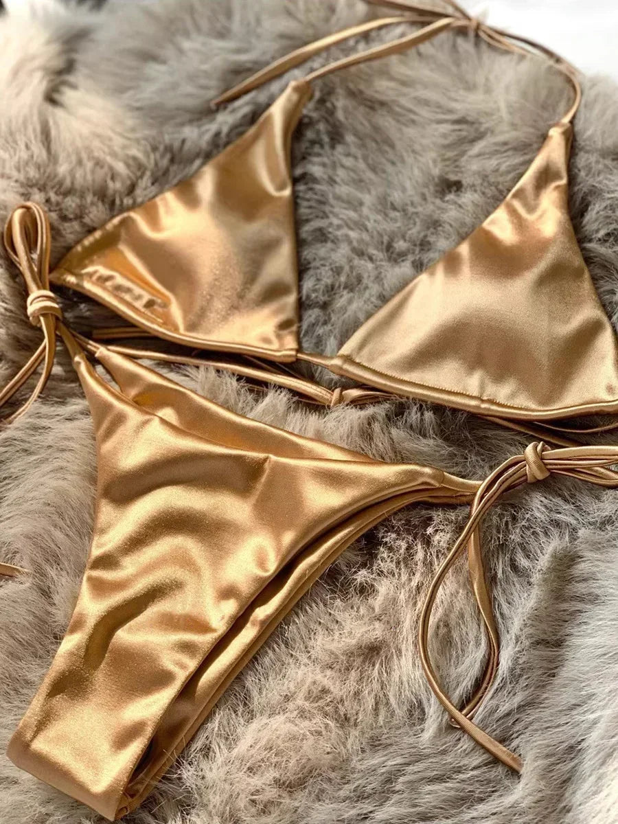 Bikini Satin Métallisé Halter — Deux Pièces Femme